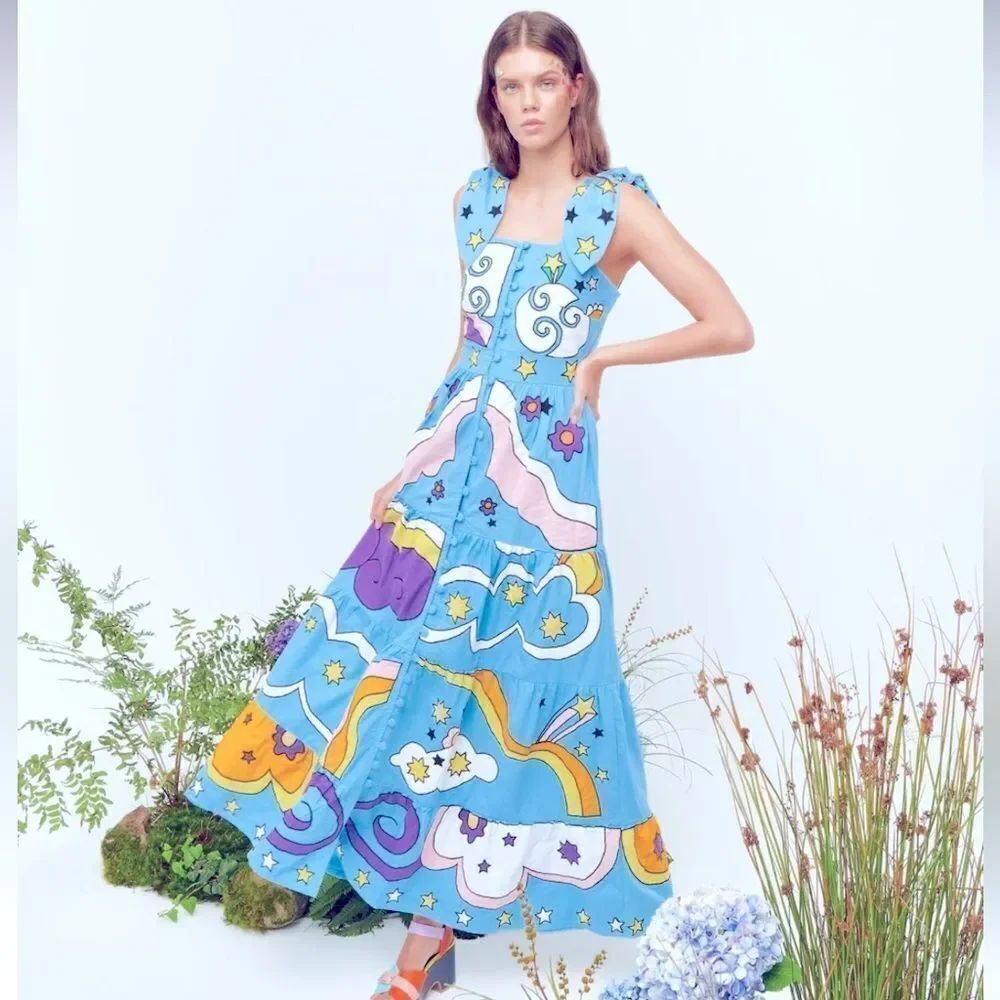 NWT CeliaB VALKYRIA DRESS Blue Embroidered XS